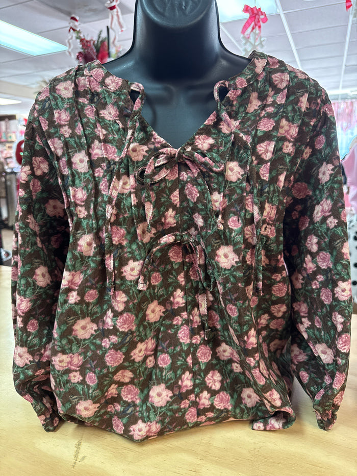 "Brown & Pink Floral; Front Bows" Long Sleeve Top