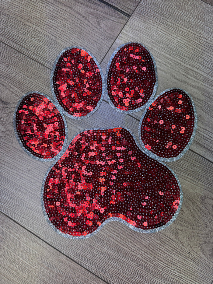 Shirt Patches (Sequins)- "Paw; Red & Silver" (9.5X10)