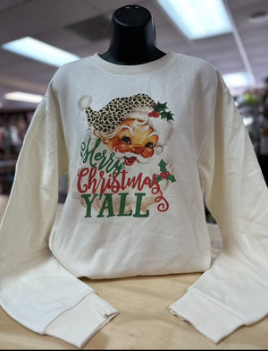 "Merry Christmas Y'all; Vintage Santa" Rhinestone Sweatshirt Jacket