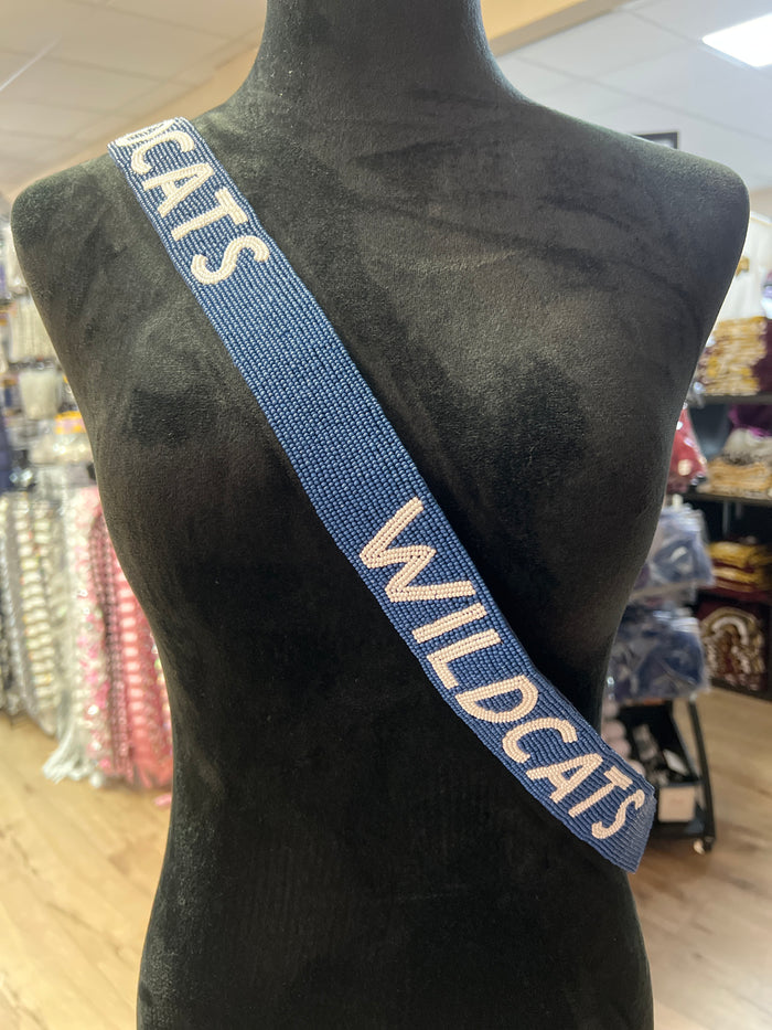 Nadine Purse Strap- ''Wildcats" Navy w/ White Words" Beaded