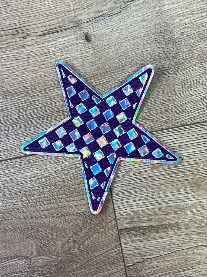 Hat Patches (Holographic)- "Checkered Star" Purple & Silver (5X5)