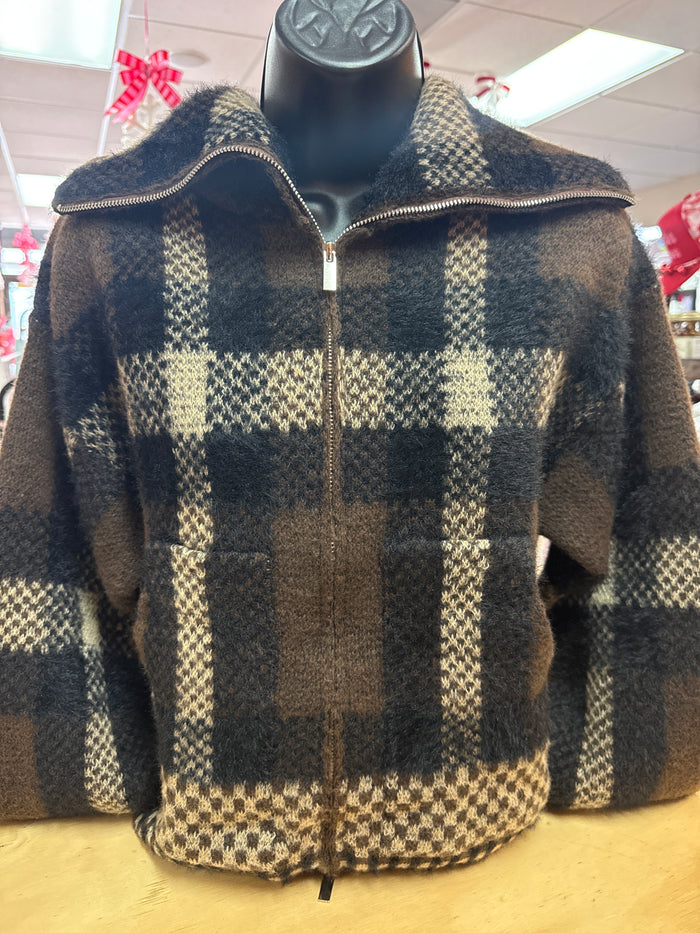 "Sepia & Black Plaid" Sweater Cardigan Jacket