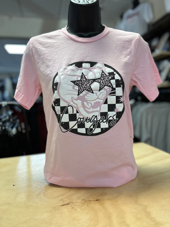 Cougars- "Cheetah Star Eyes Cougar; Checkered" Pink Tee