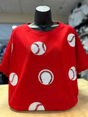 "Baseball Sequins Red" Loose Fit Top