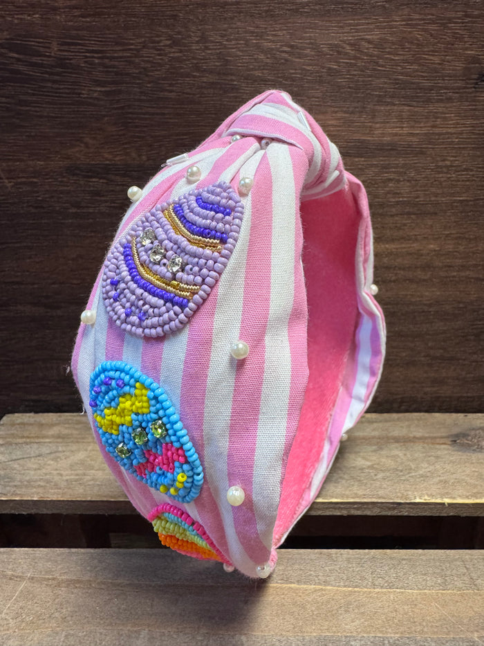 Beaded "Designs" Headband- "Rainbow Easter Eggs" Pink Stripes