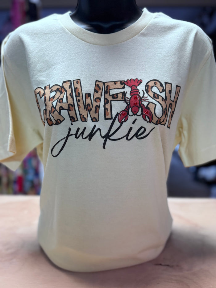 "Crawfish Junkie; Cheetah" Rhinestone Tee