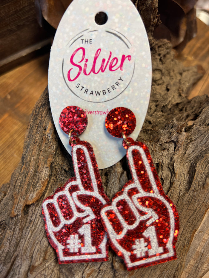School Spirit Earrings- "#1 Spirit Finger" Red Glitter