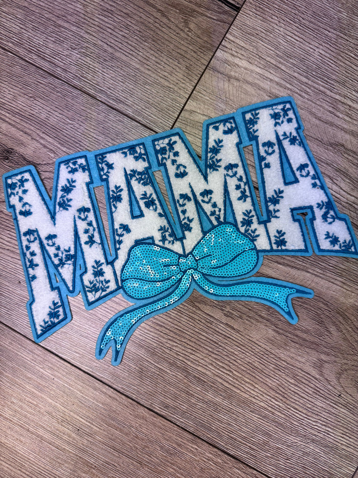 Shirt Patches (Chenille)- "MAMA; Turquoise Bow" (10.5X6.5)