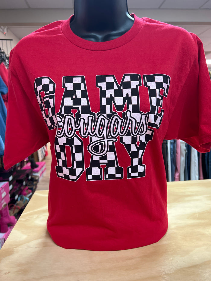 Cougars Tee- "Game Day Checkered; Cougars" Red