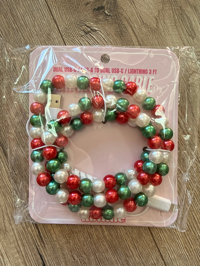 Phone Chargers- "Red, Green & White" Beaded