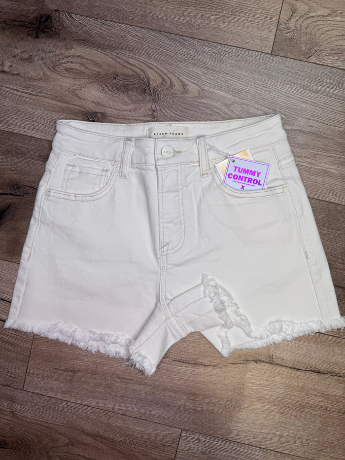 "Cream Tummy Control High Rise" Frayed Hem Risen Shorts