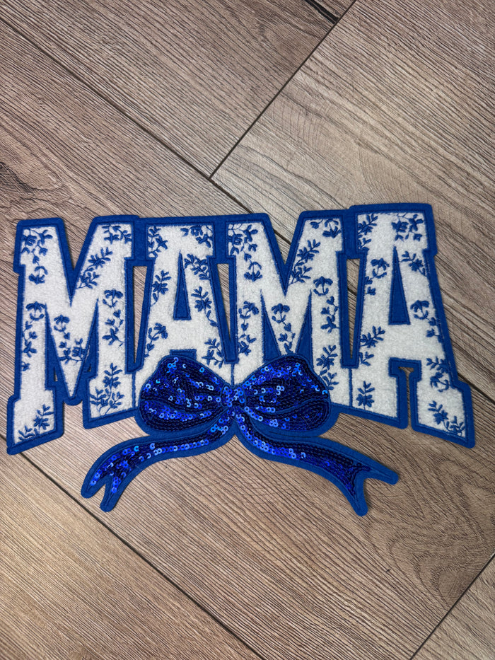 Shirt Patches (Chenille)- "MAMA; Royal Blue Bow" (10.5X6.5)