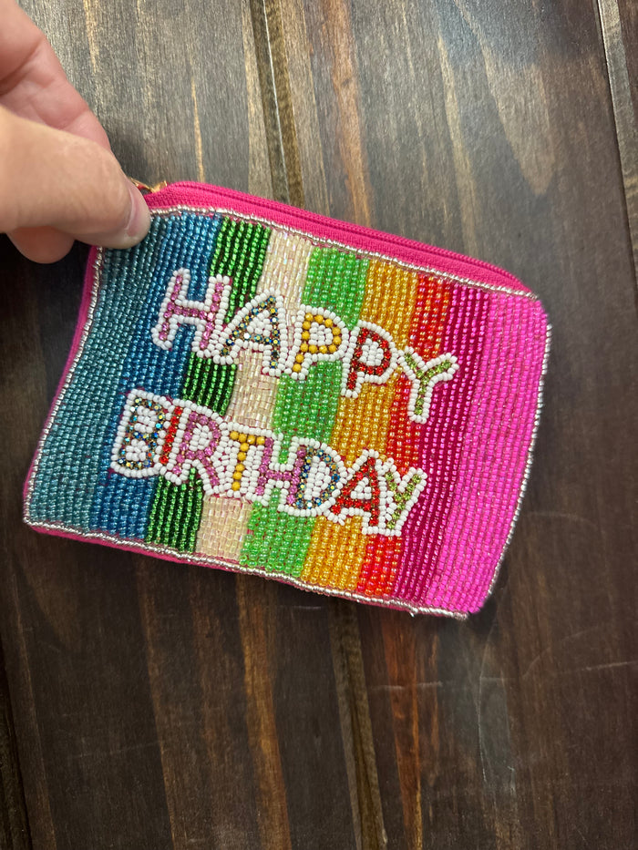 Coin Purse Wallet- "Happy Birthday" Rainbow Stripes