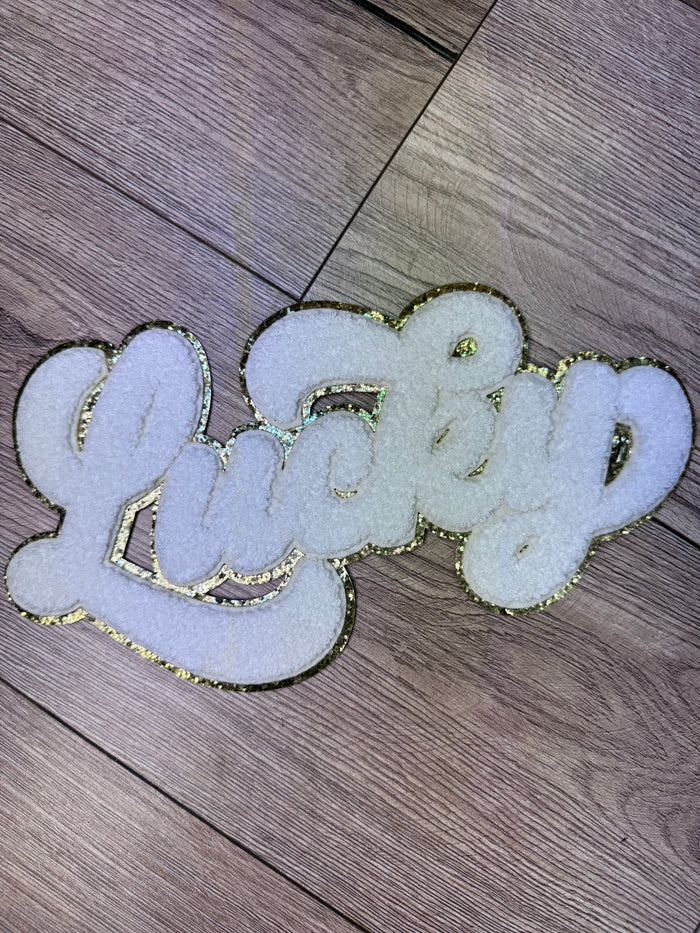 Shirt Patches (Chenille)- "Lucky; White" (11X6)