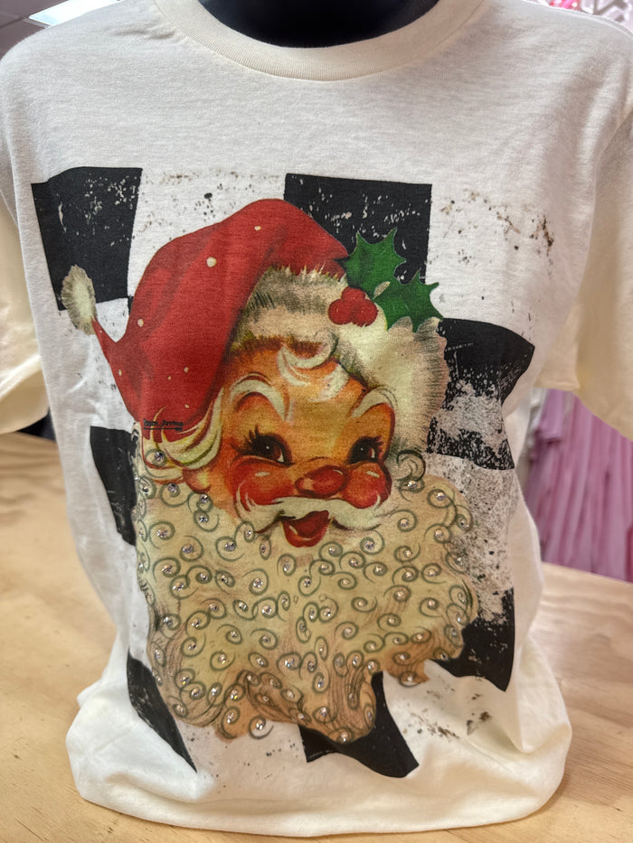 "Vintage Santa; Checkered" Rhinestone Cream Tee