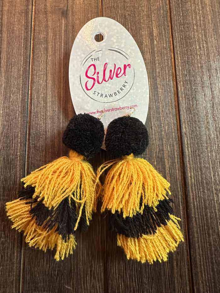 Bobbles Earrings- "Mustard & Black Fringed"