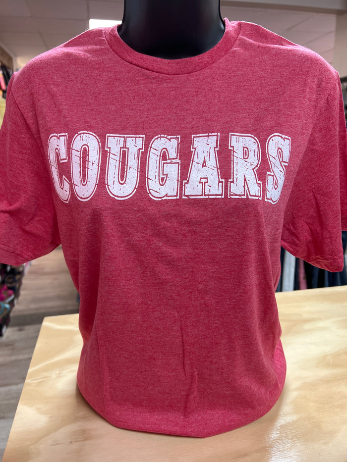 Cougars Tee- "Cougars; White Distressed" Red