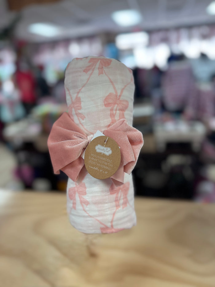 Mud Pie Swaddle & Rattle Set- "Bow"