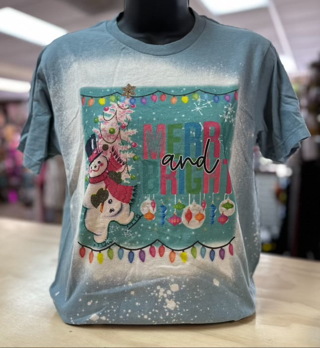 "Merry & Bright; Snowman" Bleached  Blue Tee