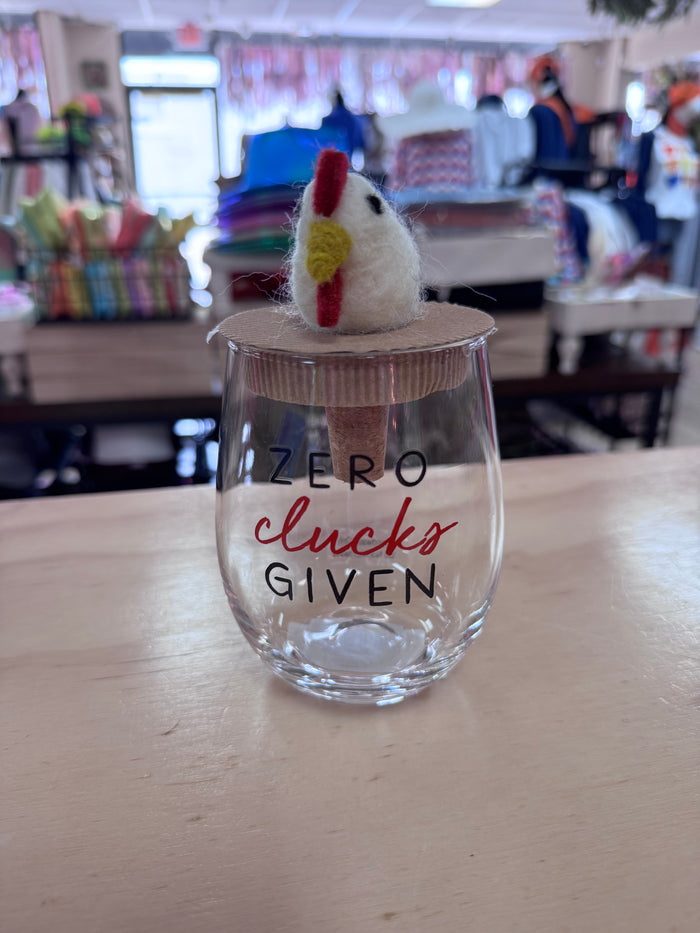 Wine Glass Topper Set- "Zero Clucks Given" Chicken