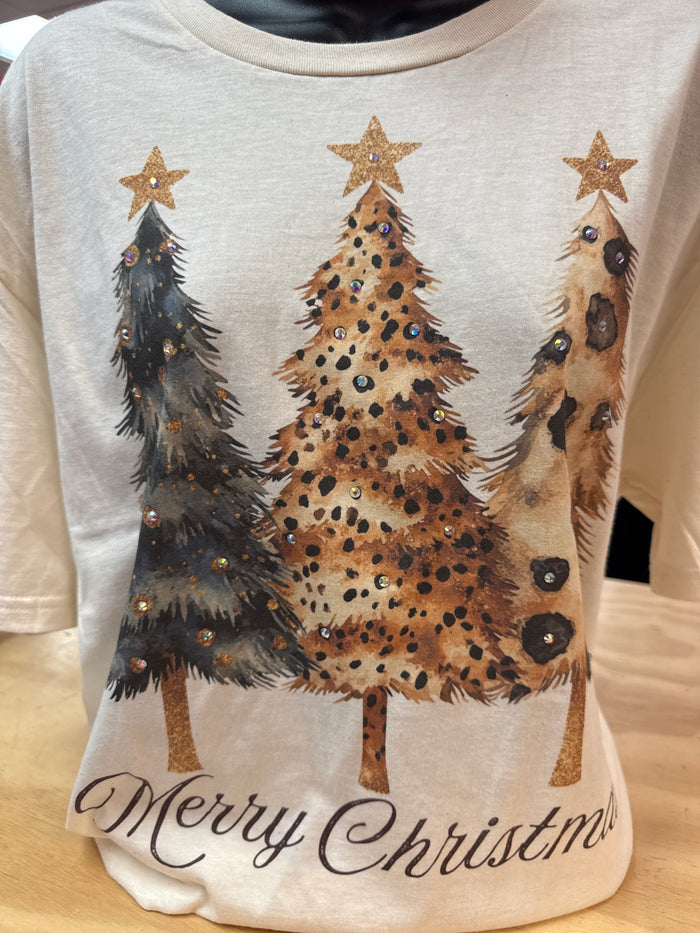"Leopard Christmas Trees" Rhinestone Cream Tee