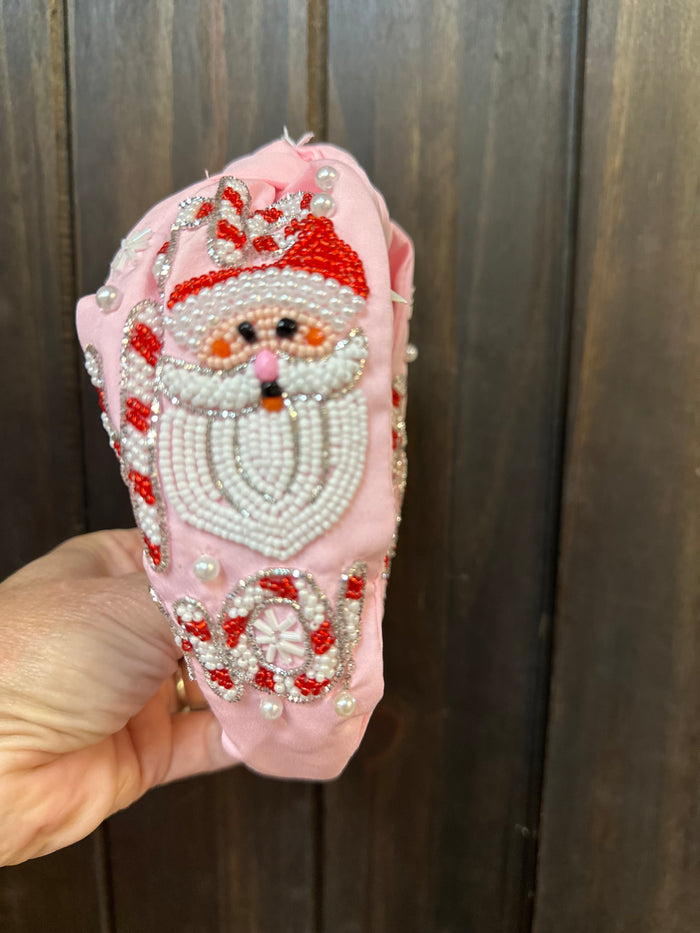 Beaded "Designs" Headband- "Ho Ho Ho; Candy Cane" Santa