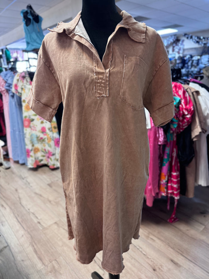 "Latte Mineral Washed" Denim Shirt Dress