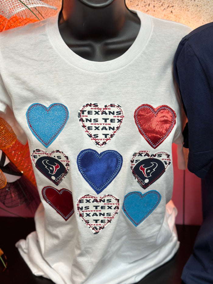 "Texans Mixed Hearts; Applique" White Tee