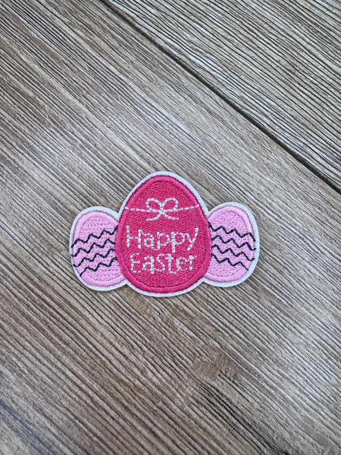Hat Patches (Embroidered)- "Happy Easter; Pink Triple Eggs" (2X1.5)