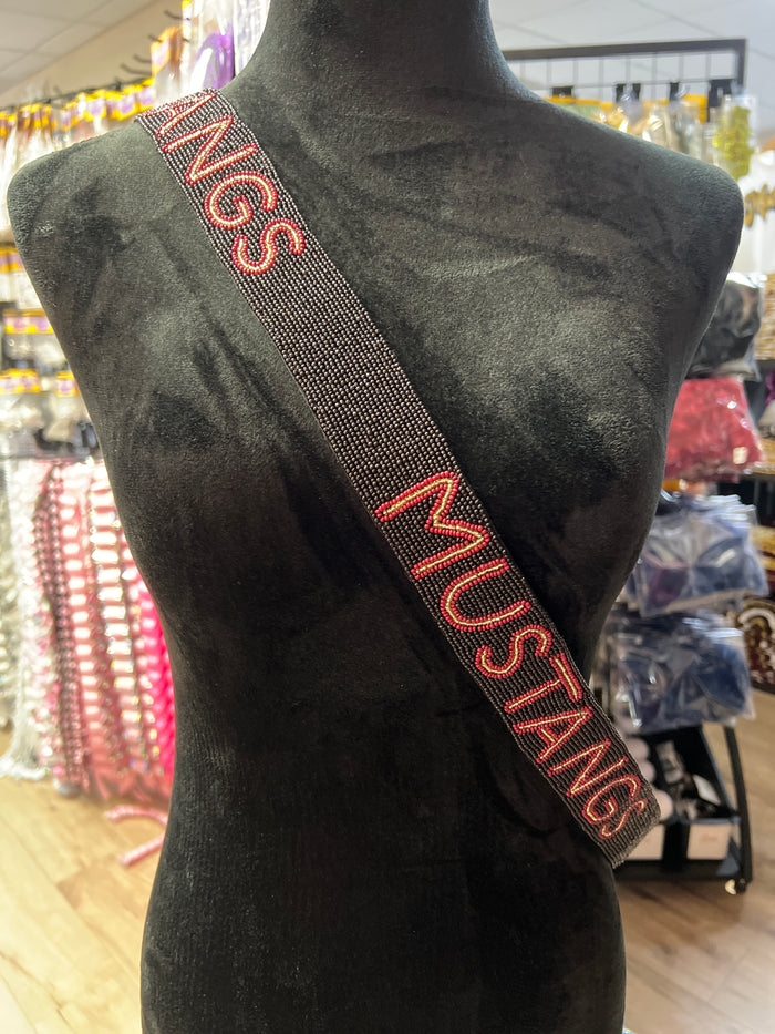 Nadine Purse Strap- ''Mustangs" Black w/ Maroon & Gold Words" Beaded