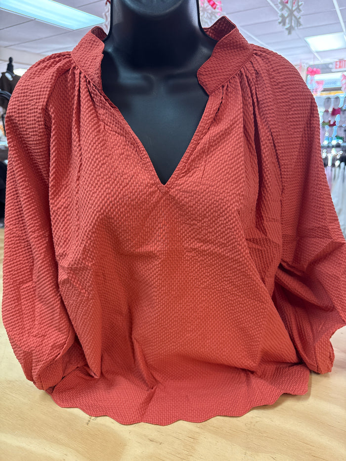 "Orange Waffle Scalloped Hem" Bubble Sleeve Top