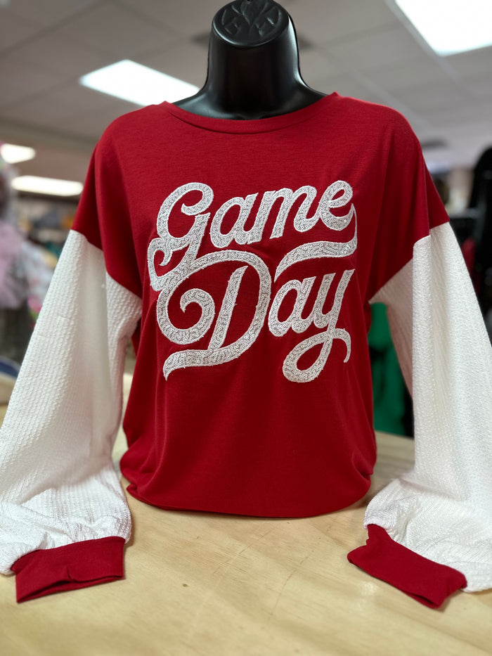 "Red Game Day Sequins" Balloon Sleeves Top