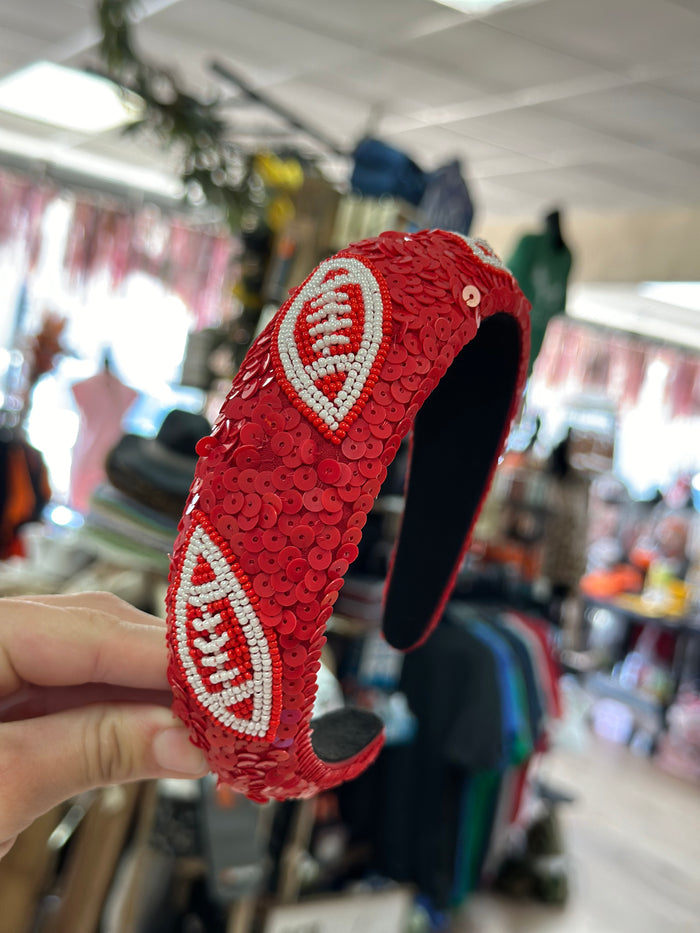 Sequins Beaded Headbands- "Football" Red & White