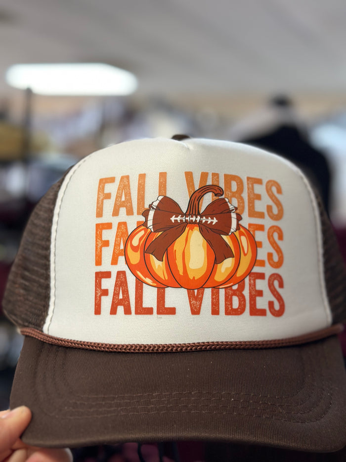 "Fall Vibes; Football Pumpkin" Brown & White Puff Hat