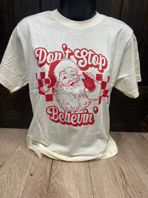 "Don't Stop Believing" Red Checkered Tee