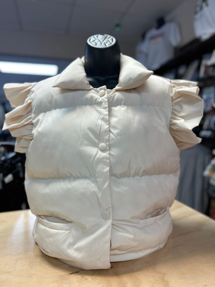 Ivory Puffer; Ruffle Shoulder Vest