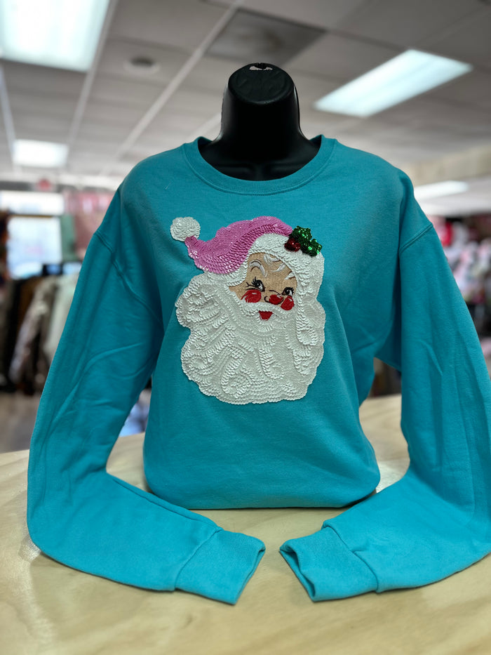 "Rosy Cheeks Santa Sequins" Turquoise Sweatshirt Jacket