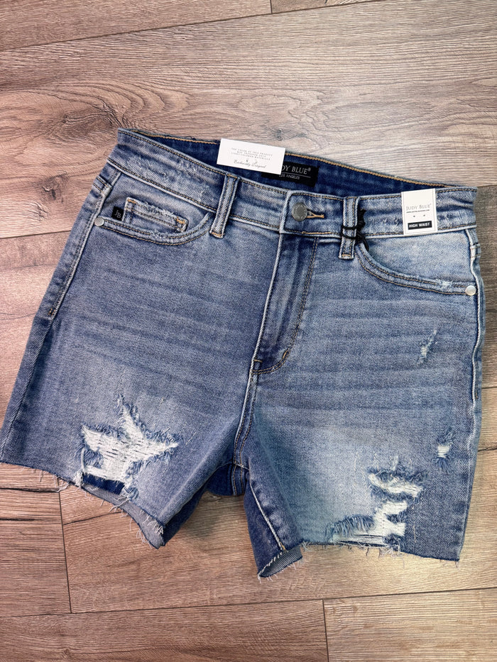 Judy Blue High Waist Shorts- "Stitch Over Destroy; Raw Hem Detail"