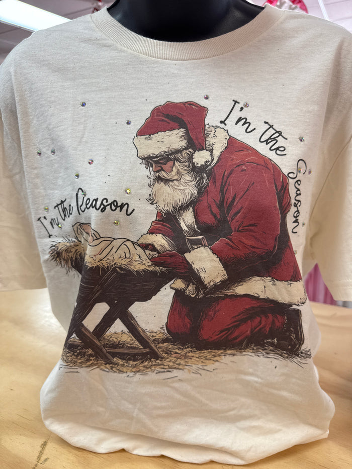 "I'm the Reason, I'm The Season" Rhinestone Cream Tee