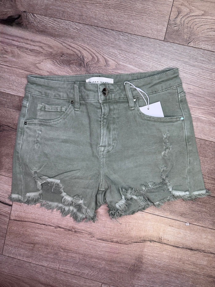 "Olive Distressed Mid Rise" Frayed Hem Risen Shorts
