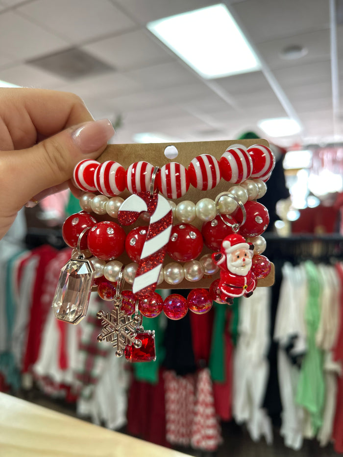 Shania Cluster Bracelet- "Glitter Candy Cane" Red Striped Beads