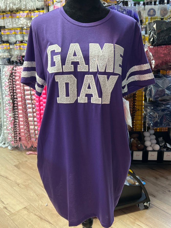 White Sequin Game Day" Purple T-Shirt Dress The Silver Strawberry White Sequin Game Day" Purple T-Shirt Dress The Silver Strawberry