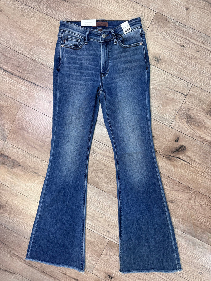 Judy Blue Mid Rise Jeans- Vintage Wash Flare; Destroy Fray Hem 