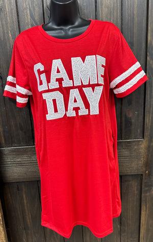 "White Sequin Game Day" Red T-Shirt Dress