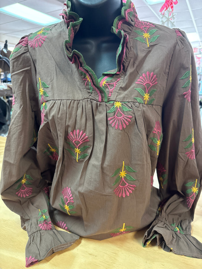 "Brown Embordered Floral" Scalloped Collar Top