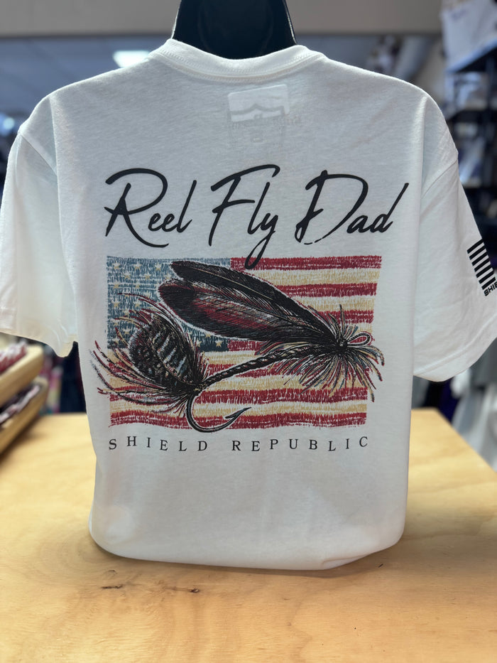 Men's Tee- "Reel Fly Dad"  Distressed American Flag ; White