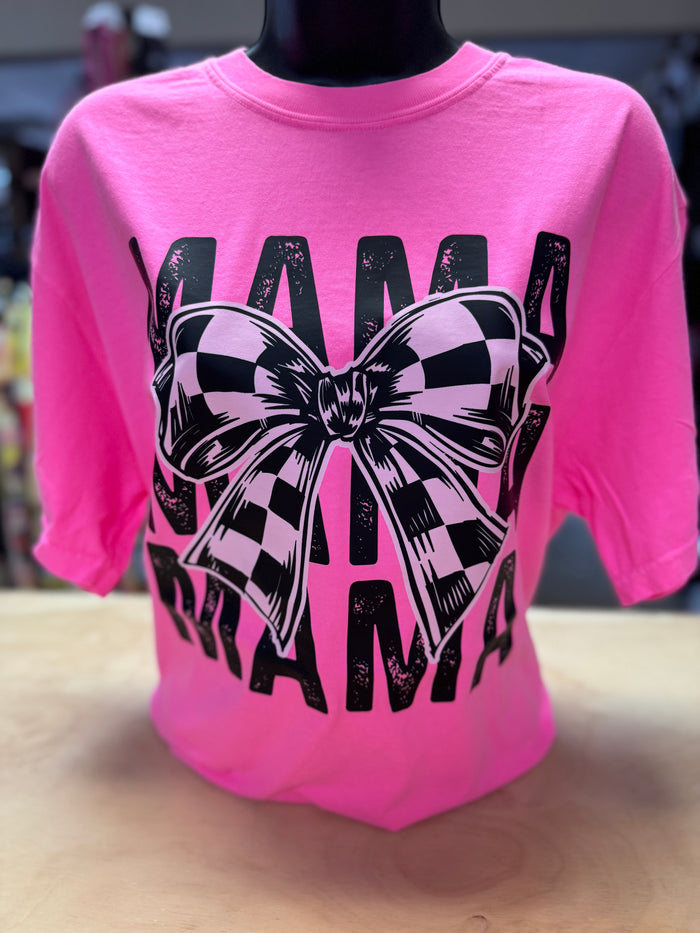 "MAMA; Checkered Bow" Neon Pink Tee