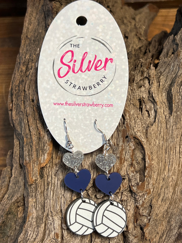 Jordan Earrings- "Volleyball" Navy & Silver