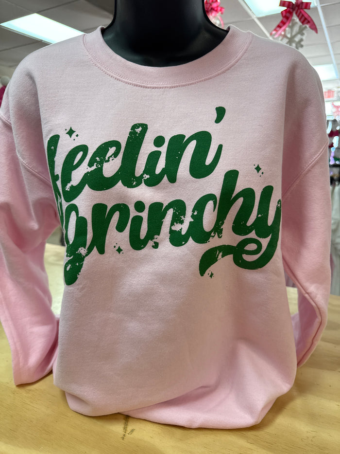 "Feelin' Grinchy; Green" Pink Sweatshirt Top