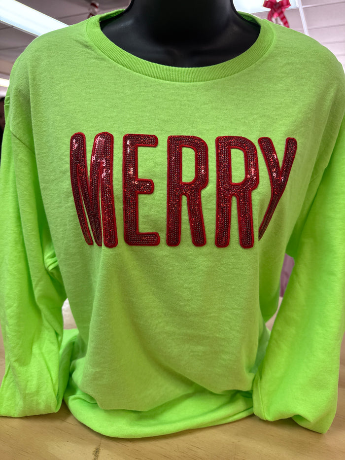 "Merry; Red Sequin" Neon Green Long Sleeve Tee